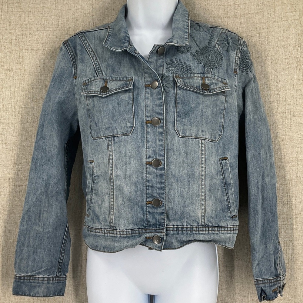 Saks Fifth Avenue Denim Jacket Womens XS Blue Embroidered Boho Classic VTG
